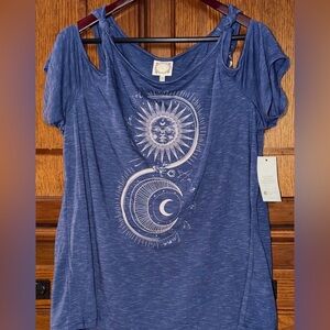 NWT Tru Self Cold Shoulder Lunar Celestial Sun Moon Graphic Top